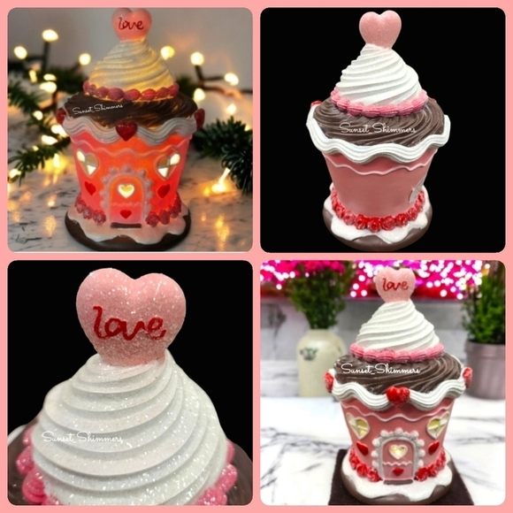 Christmas Pink Light Up Sugared Chocolate CUPCAKE GINGERBREAD House New - Picture 11 of 14